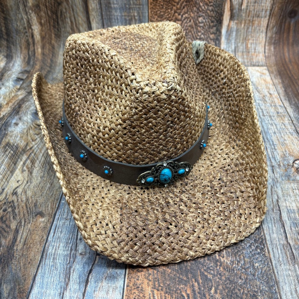 Peter Grimm Straw Cowboy Hat Brown Turquoise Bead Western Drifter